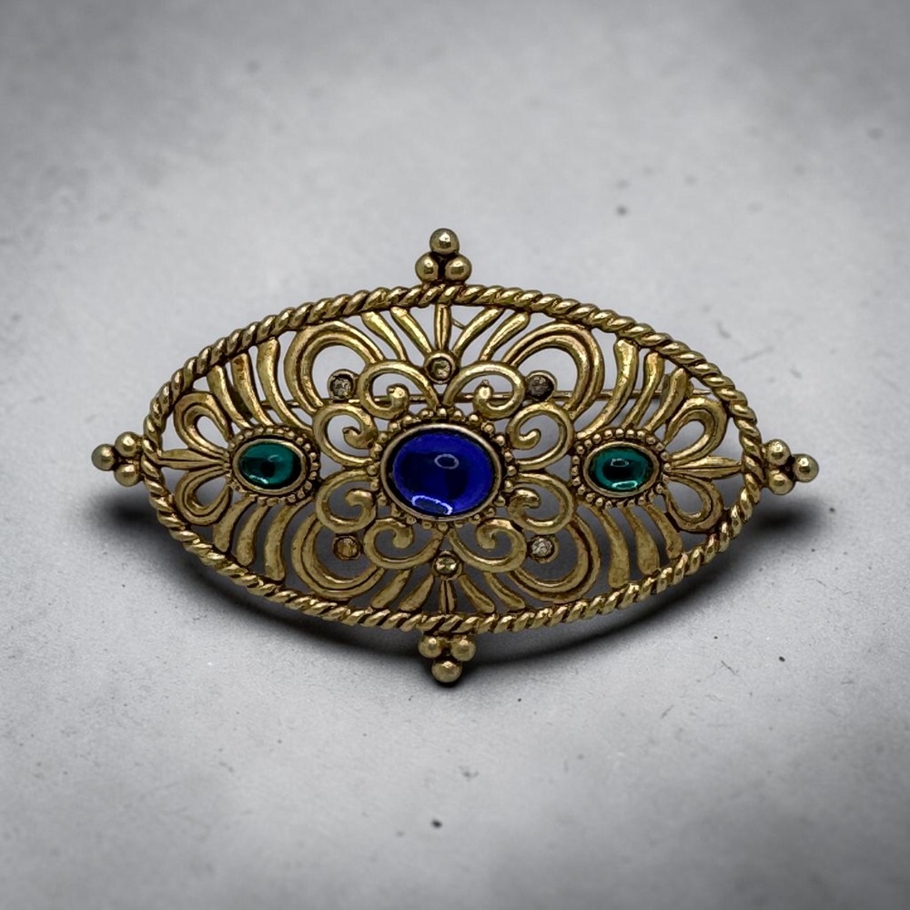 Vintage JJ Jonette Jewelry Gold Tone Filigree Blue Green Cabochon Brooch Pin